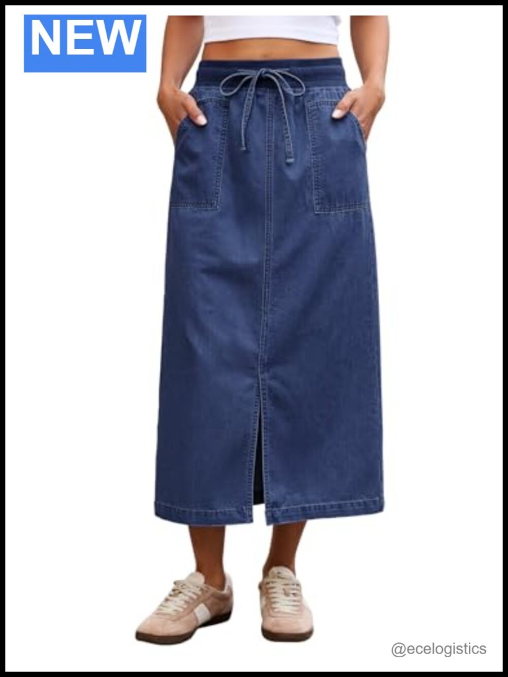 High Waisted Midi Denim Skirt with Pockets Front Slit